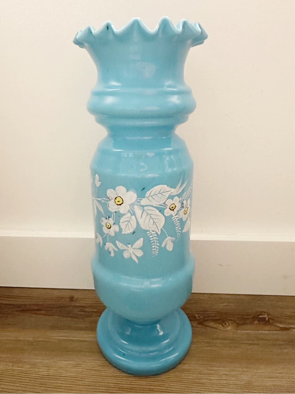 Vintage Blue Opaline Floral Vase